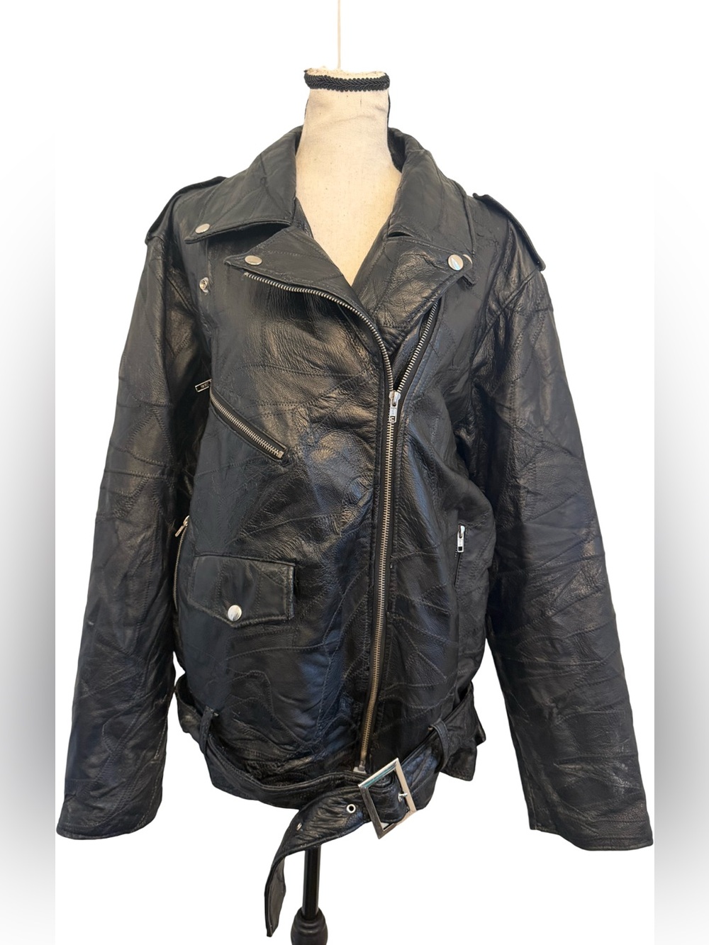 Vintage Black Leather Moto Jacket XL God Bless America Eagle Embroidered